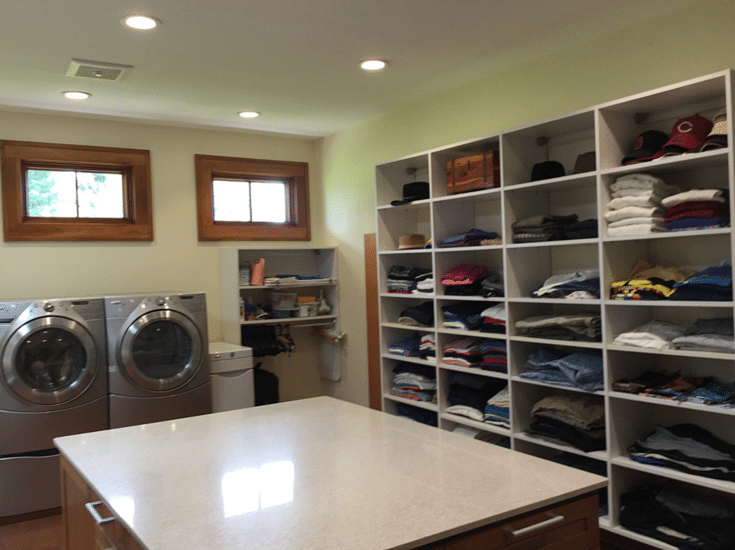 Combined universal design roll in closet and laundry room in Columbus home owners Rosemarie Rossetti and Mark Leder