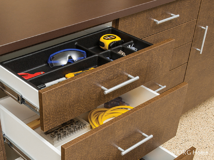 Garage workbench with drawers with divider trays for small item storage Columbus
