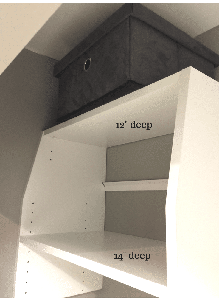 Custom reach in closet with shelves at different depths to make it easy to reach the top shelf for storage. 