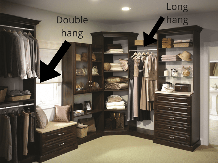 Double hang section for most storage single hang for long dresses in a columbus custom closet 