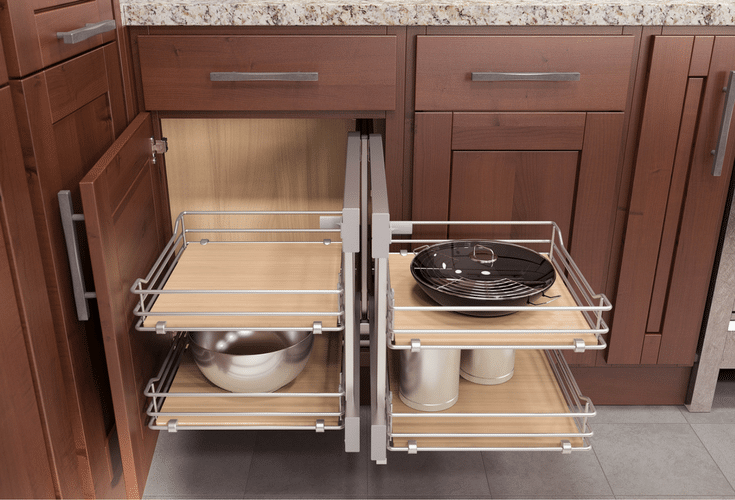 rectangular version of a lazy susan kitchen corner cabinet for improved storage