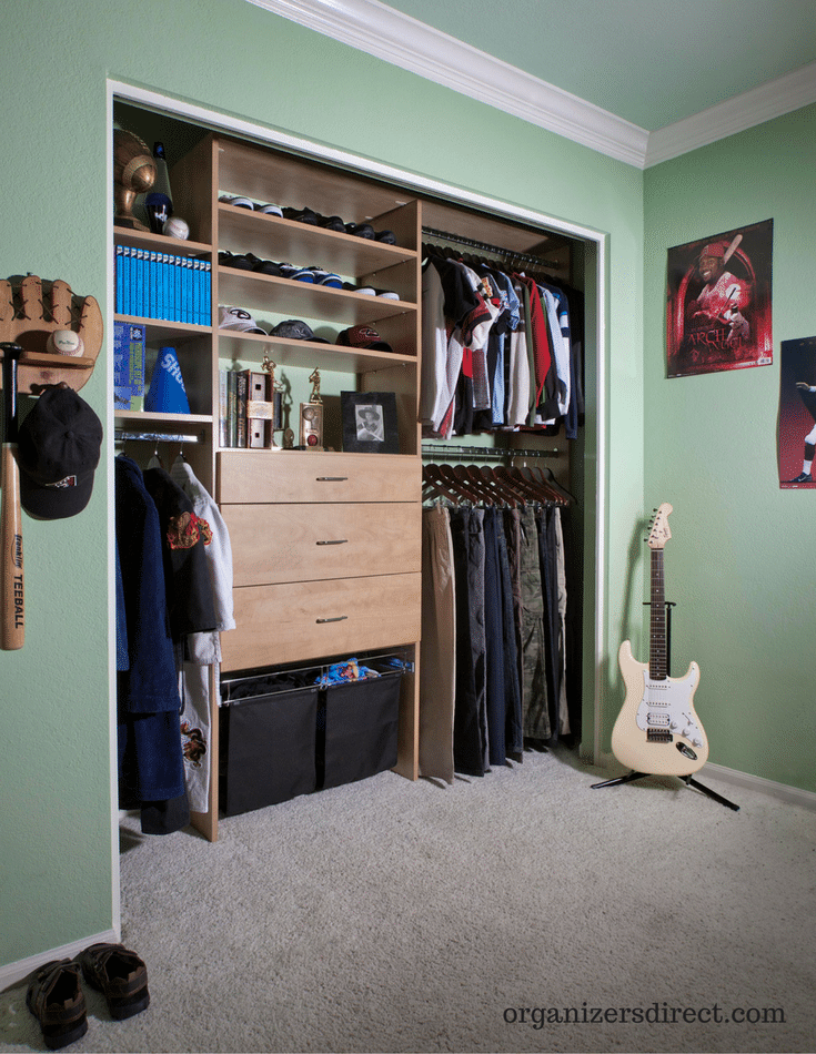 Flat adjustable shoe shelving in a boys reach in closet for efficient shoe storage 