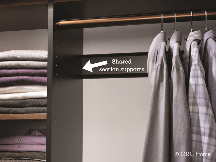 Laminate closet system with a wood grain finish with a single support between 2 sections. | Innovate Home Org