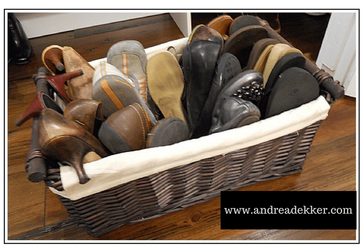 Shoes and flats stored in a wicker basket 
