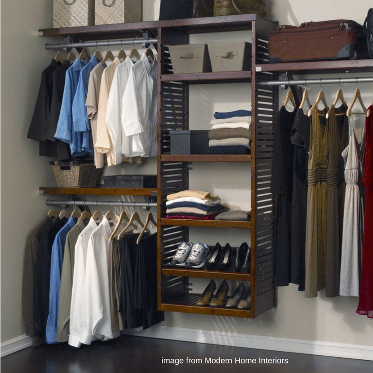 Wood closet system with double hang, single hand and angled shoe shelving