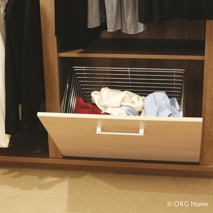 Fold down clothes hamper in a custom closet @InnovateBuild