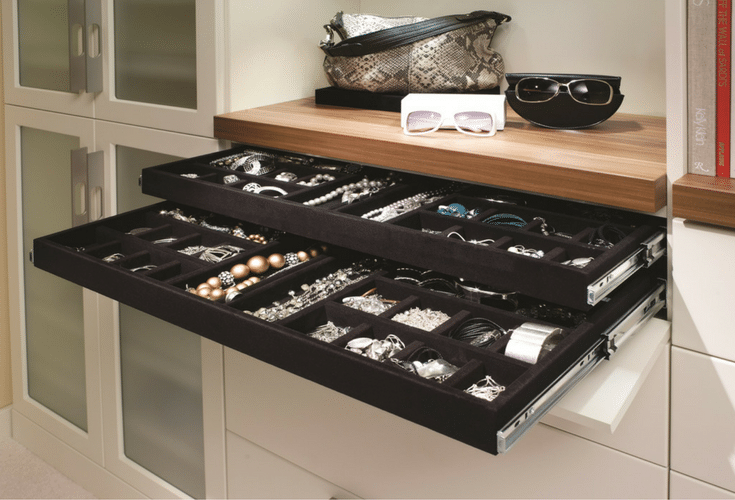 Two tiered velvet lined jewelry tray in a luxury Columbus Ohio closet | Innovate Home Org