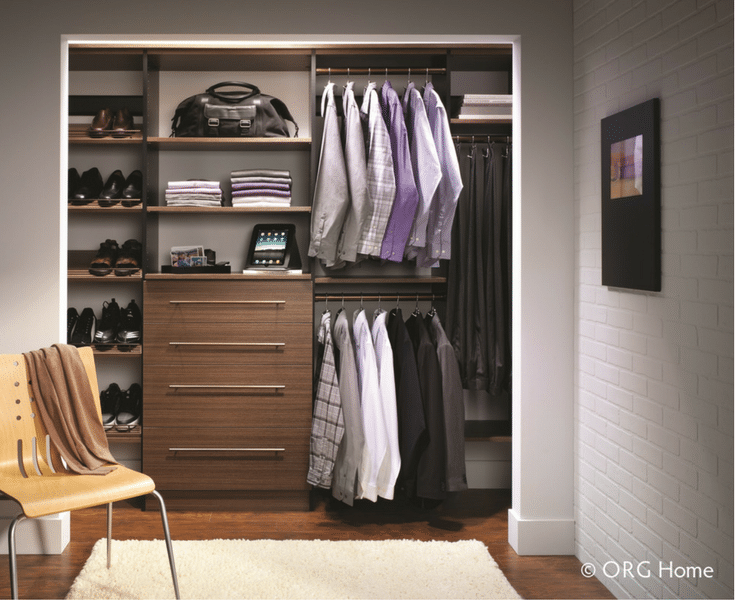 In this minimalist wall hung men's closet it's simple to find things. Innovate Home Org Columbus Ohio
