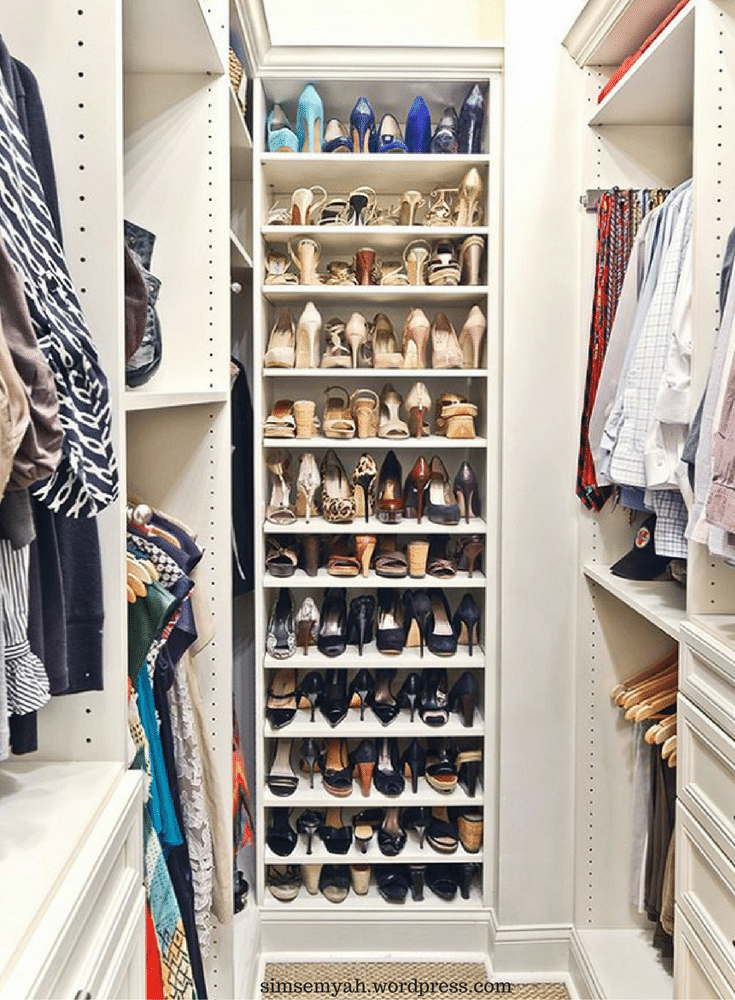 Flat adjustable shoes shelves improve storage solutions for a 55+ community in a walk in closet - Innovate Home Org Columbus Ohio 