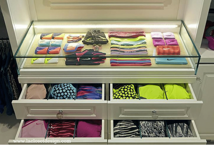 LED lighting in a custom closet cabinet drawers is a good feature for 55+ communities - Innovate Home Org 