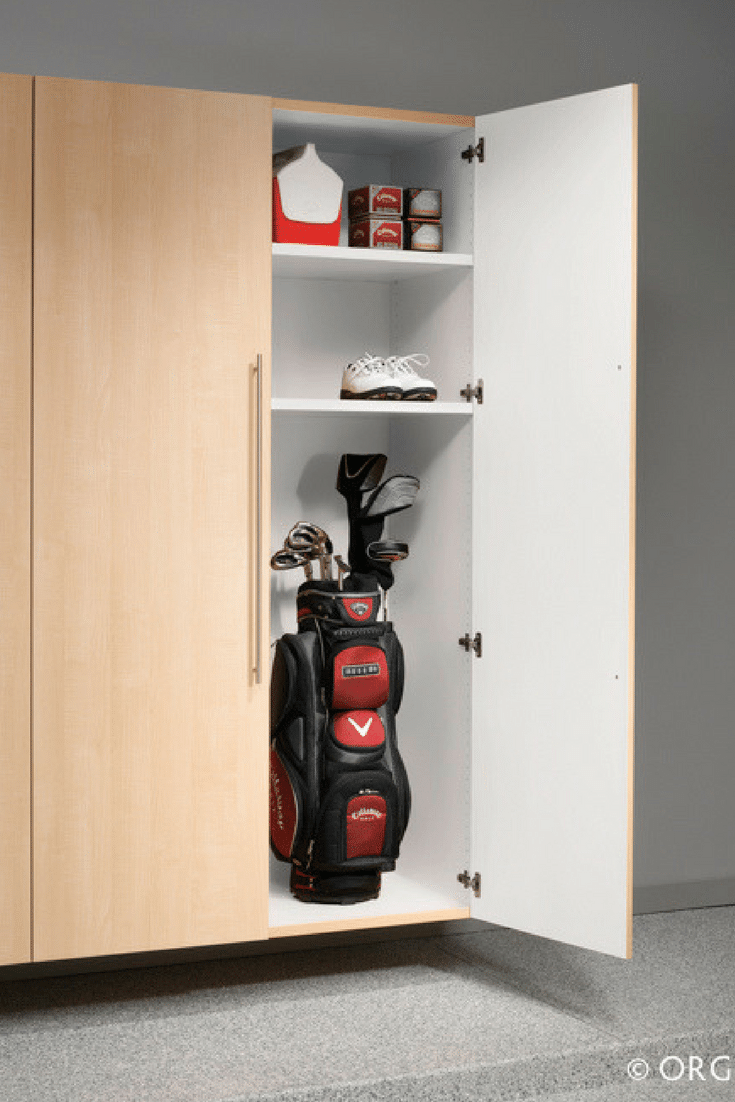 Extra tall custom wood garage cabinetry for golf club storage in Columbus Ohio | Innovate Home Org 