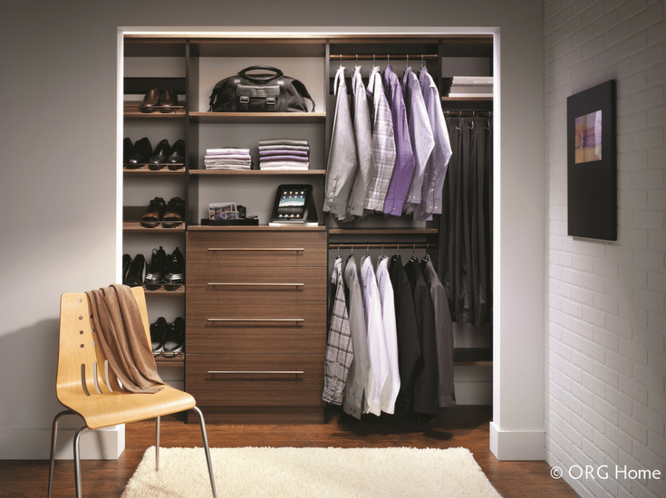 Minimalist modern closet organizer design in a reach in closet with wall hung Euro style cabinetry| Innovate Home Org Columbus Ohio 