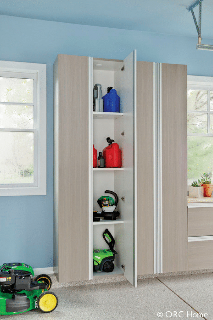 Wall hung wood garage cabinets provide extra storage and get things off the ground | Innovate Home Org Columbus Ohio 