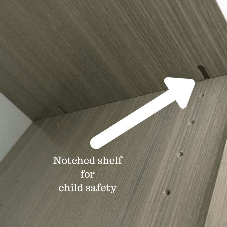 A notched shelf has pins secured inside the notch for safety | Innovate Home Org Columbus Ohio 