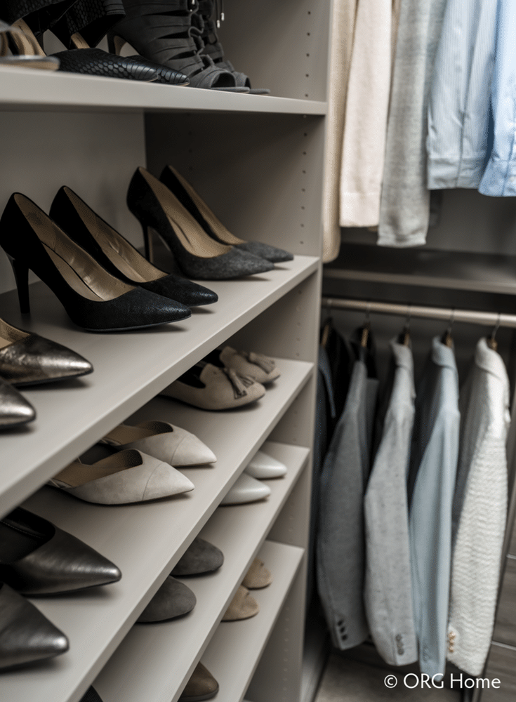Flat shoes shelves are efficient and makes it simpler to see what you have and reduce clutter on your closet floor - Innovate Home Org Columbus Ohio 