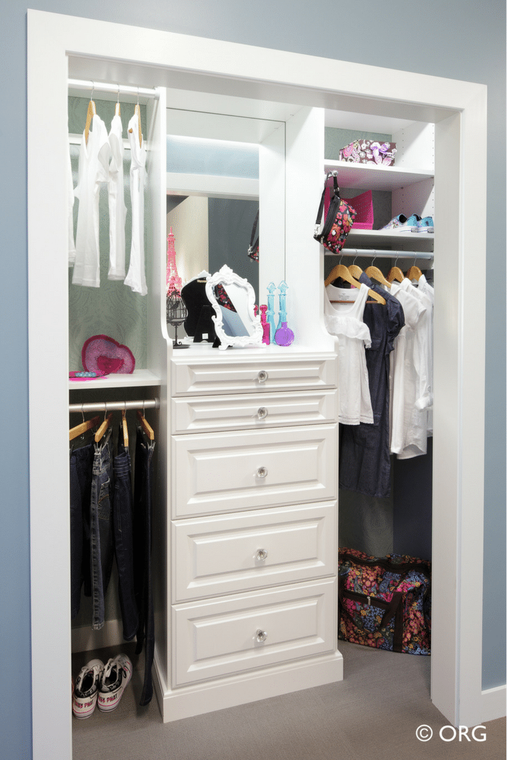 Floor mounted reach in closet with raised panel drawers | Innovate Home Org Columbus Ohio