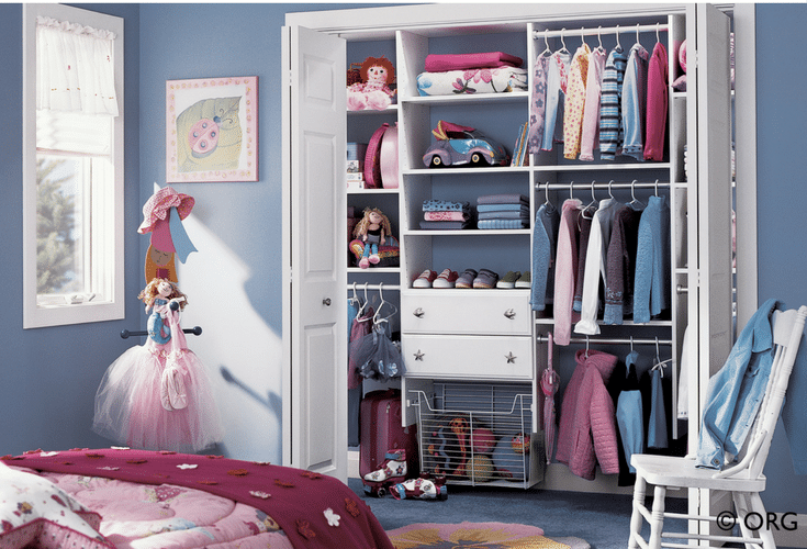 Slide out baskets for toys in a kids reach in bedroom closet | Innovate Home Org Columbus Ohio 