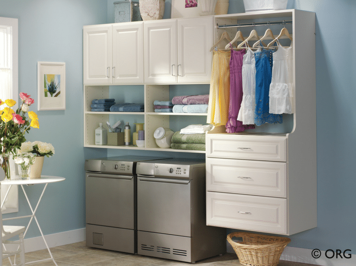 White raiised panel laundry room cabinets above a washer and dryer - Innovate Home Org Columbus Ohio 