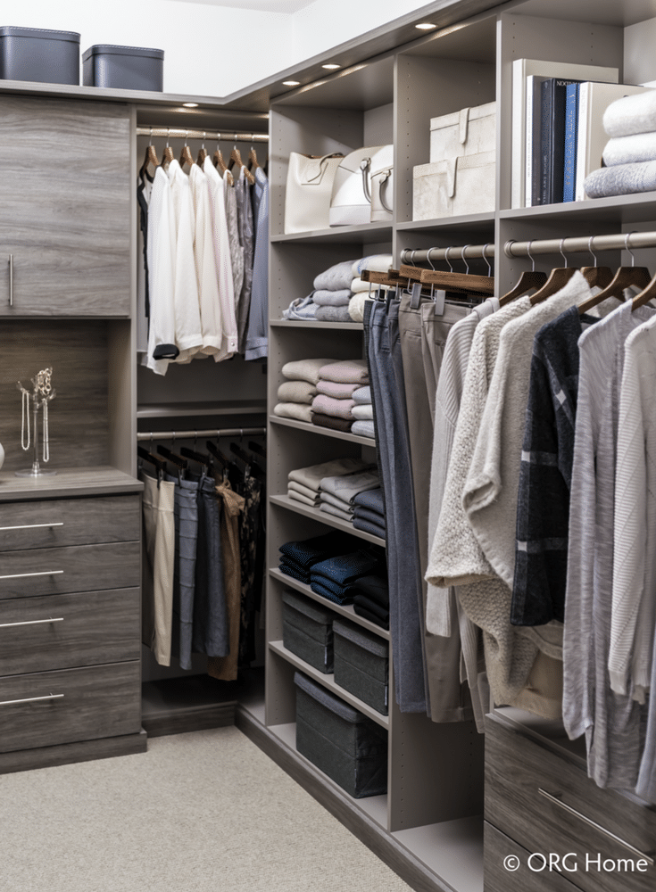 Custom closet with hanging drawers and shelf space | Innovate Home Org Columbus Ohio 