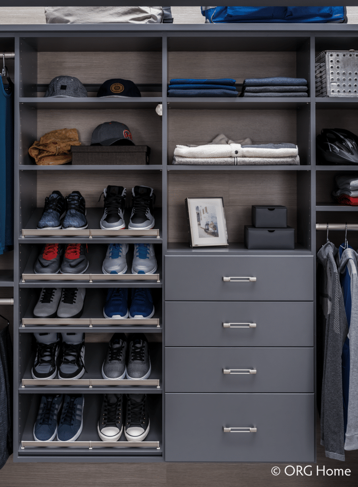 Mens wall hung bedroom closet with a minimalist design | Innovate Home Org Columbus Ohio