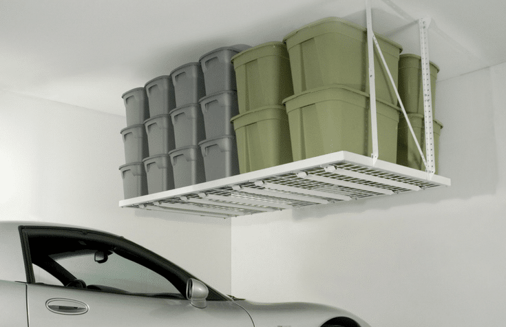 Overhead garage racking mounted to the ceiling for a space efficient storage option | Innovate Home Org Columbus Ohio 