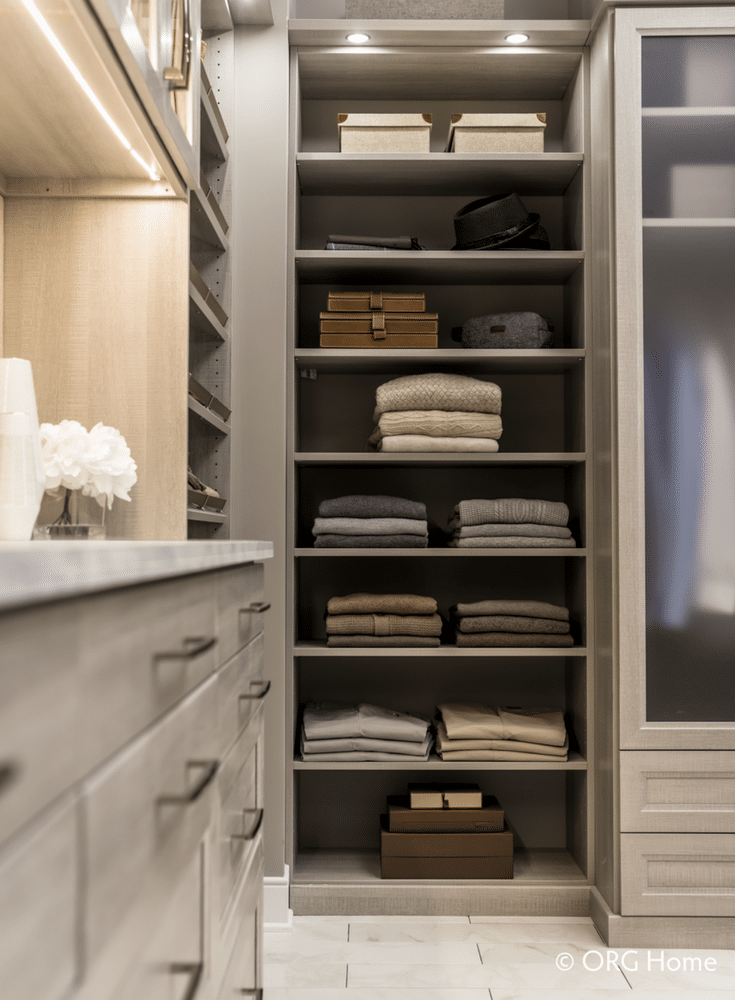 14 inch deep closet shelving so sweaters and shoes don't hang off the edge | Innovate Home Org Columbus Ohio 