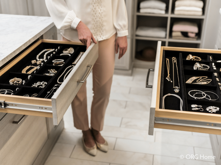 Extra wide jewelry drawer for a walk in a columbus custom closet | Innovate Home Org 
