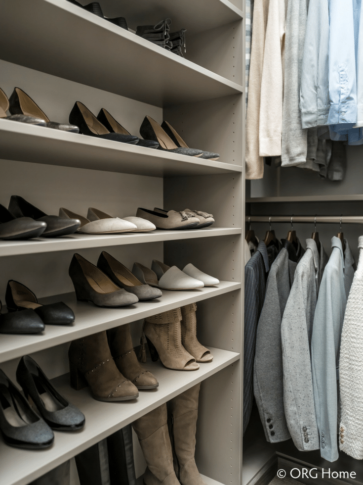 Flat closet shoe shelves use storage space efficiently in a custom closet | Innovate Home Org Columbus Ohio 