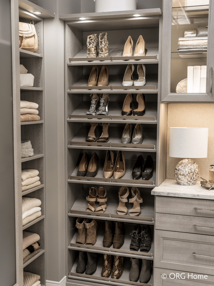 Raised shoe shelving works in a luxury custom closet - but may be too pricey for a closet for a first time homebuyer. | Innovate Home Org Columbus Ohio 
