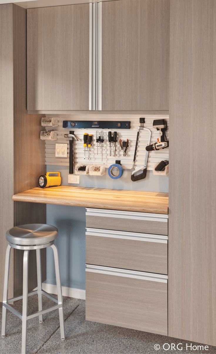 A laminate garage workbench system with cabinetry | Innovate Home Org Columbus Ohio