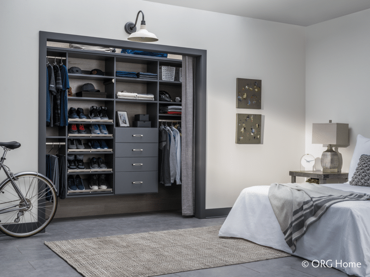 Using curtains instead of bi-fold doors can provide more room to find and retreive your things in a small bedroom closet | Innovate Home Org Columbus Ohio