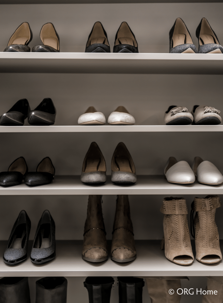 Flat shelving for shoes in an organized bedroom closet | Innovate Home Org Columbus Ohio 