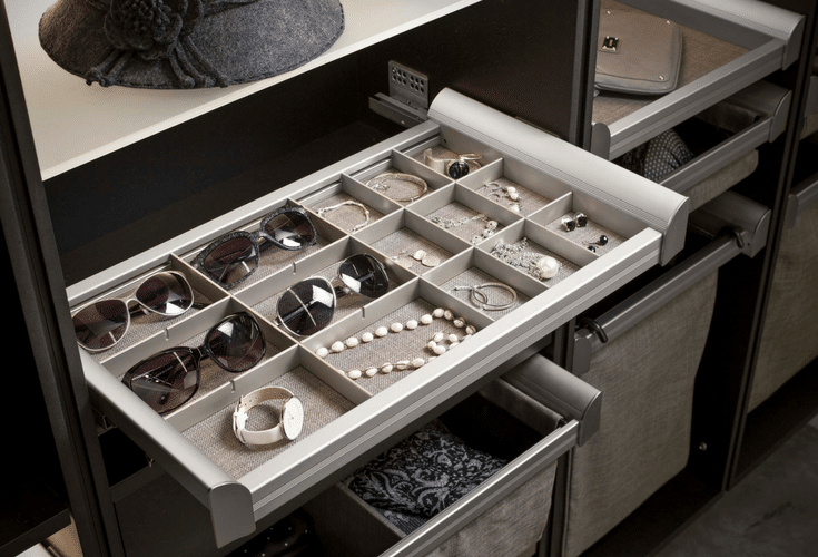 Jewelry tray organizers in a custom bedroom closet system | Innovate Home Org Columbus Ohio 