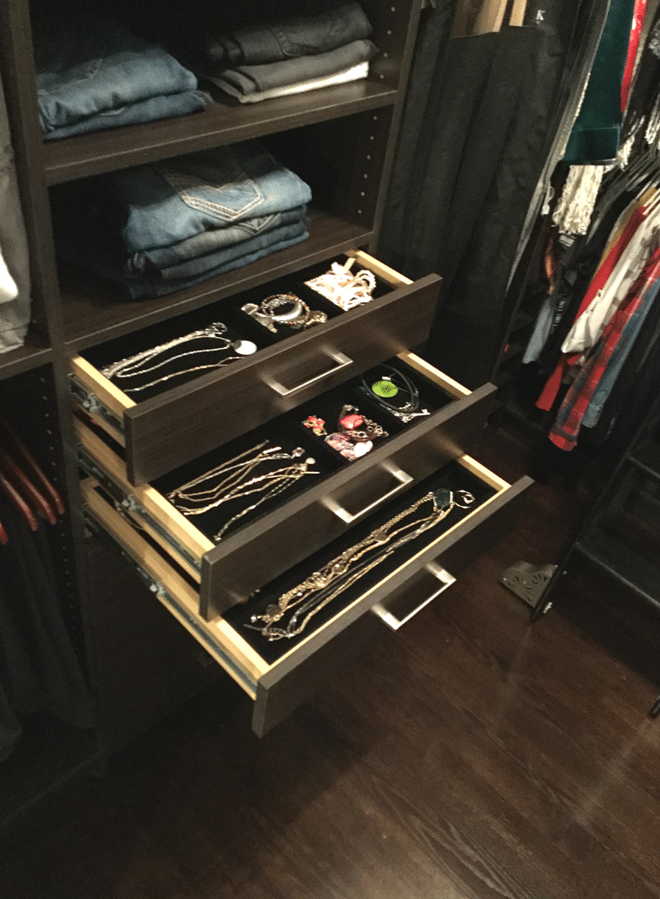 Velvet lined jewelry drawer boxes in a luxury custom closet in Columbus Ohio | Innovate Home Org
