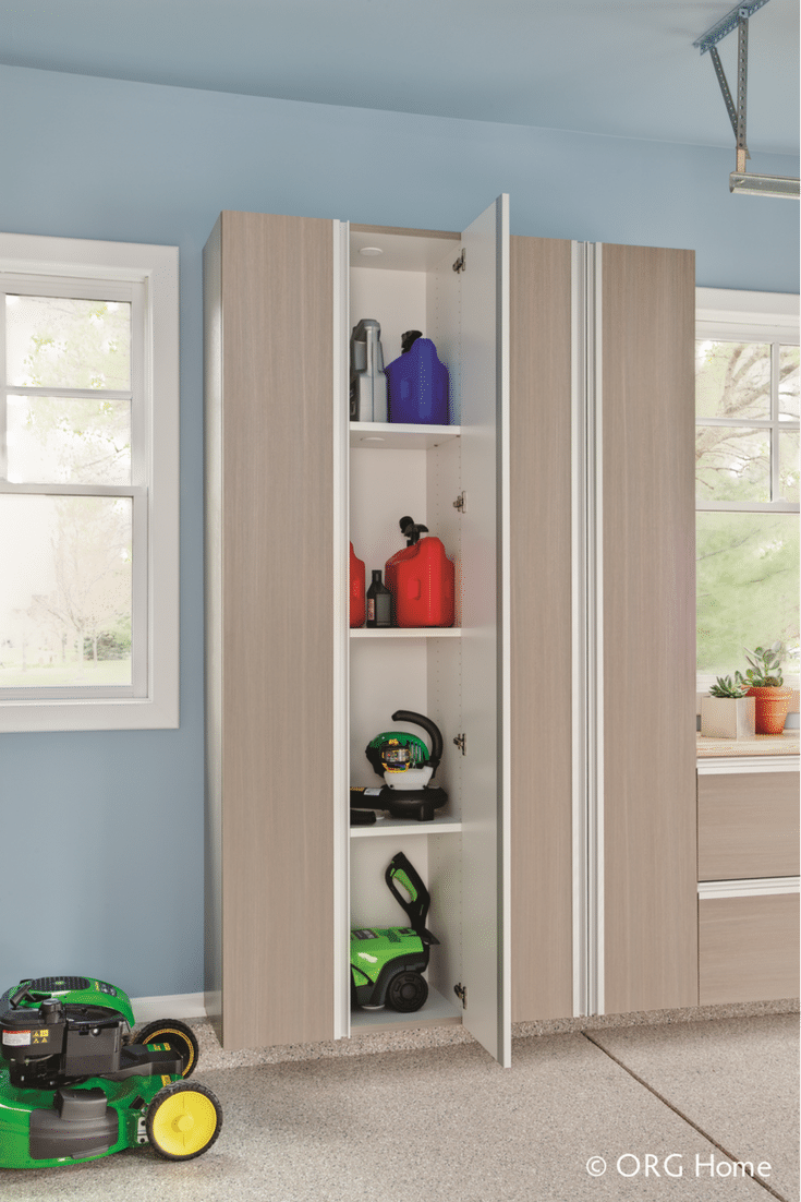 Laminate garage cabinet systems can have locking doors to keep kids away from dangerous chemicals | Innovate Home Org Upper Arlington suburb of Columbus Ohio 