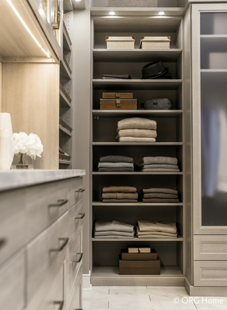 Standard and custom sized closet shelving designs are used to maximize the use of space in a Dublin Ohio custom closet system.  - Innovate Home Org 