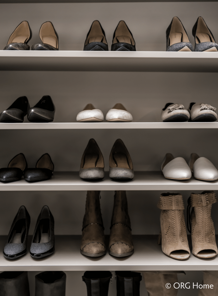 Flat adjustable textured wood laminate shoe shelves in a custom closet in New Albany Ohio | Innovate Home Org Columbus Ohio 