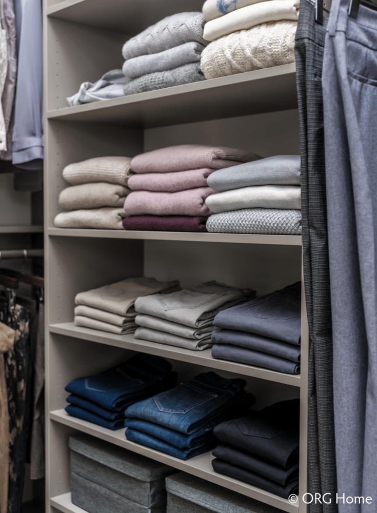 Textured laminate flat shoe shelves for custom closet storage in a Worthington Ohio closet | Innovate Home Org Columbus Ohio 