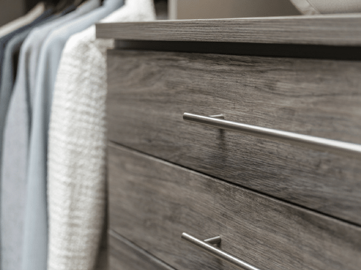 Eight inch high textured laminate custom closet drawers make for a stylish and efficient closet | Innovate Home Org Columbus Ohio