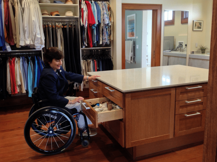 Rosemarie Rossetti roll around universal closet design with open shelving and hanging sections designed for a wheelchair | Innovate Home Org Columbus Ohio