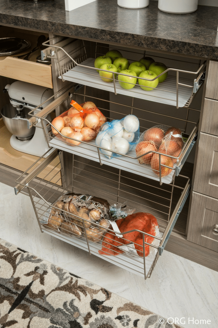 Slide out chrome baskets for an organized luxury pantry Dublin Ohio - Innovate Home Org