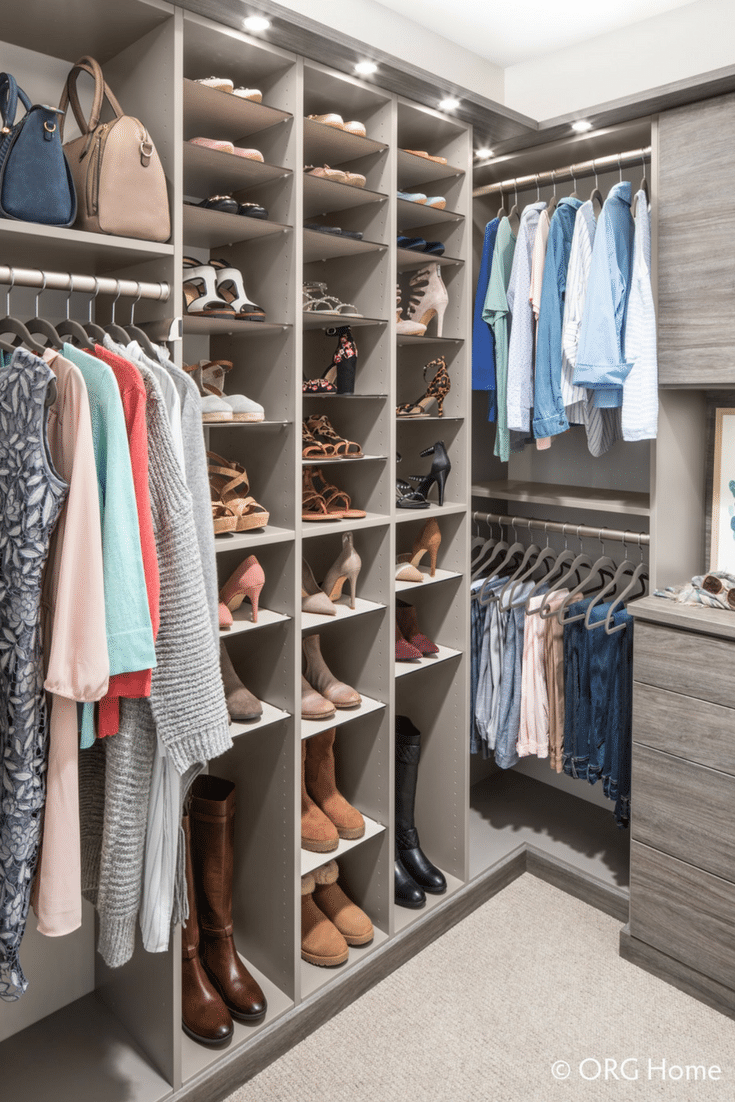Adjustable shoes shelves and hanging clothes custom Columbus closet | Innovate Home Org #Shoes #ShoeShelving #ClosetColumbus #CustomCloset 