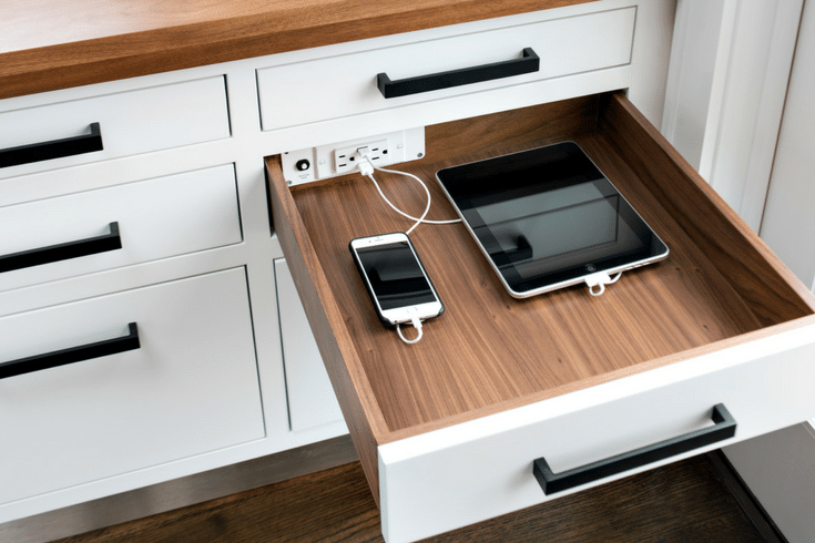 Docking drawer charging staion in a custom closet | Innovate Home Org Columbus Ohio #ChargingStation #DrawerCharge #DockingDrawer