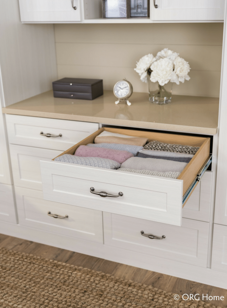 Full extension pull out dovetail drawer boxes in a custom Columbus closet | Innovate Home Org #Drawers #DovetailDrawers #ClosetDrawers #CustomCloset