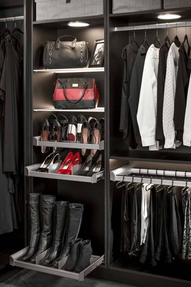 Slide out shoes and boot shelving in a custom closet | Innovate Home Org Columbus Ohio #ShoeShelves #ShoeShelving #BootShelving #Boots