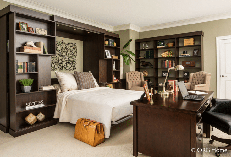 Murphy bed in a library with bookshelves which move side to side | Innovate Home Org Columbus Ohio 