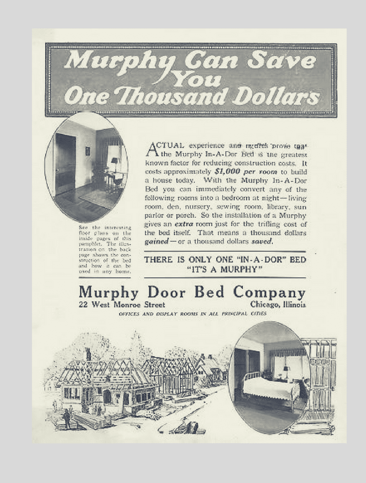 Murphy wall bed ad from the 1900s about saving money | Innovate Home Org Columbus Ohio 