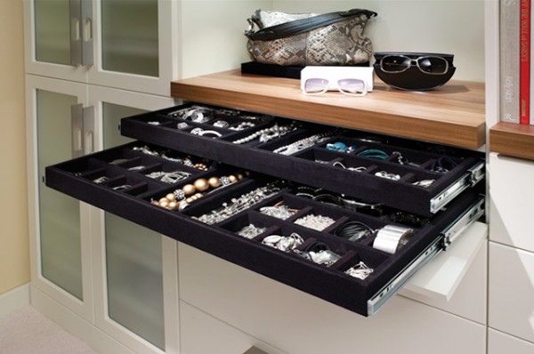 Jewelry drawer in a walk in closet with laminate doors Innovate Home Org Columbus and Cleveland Ohio