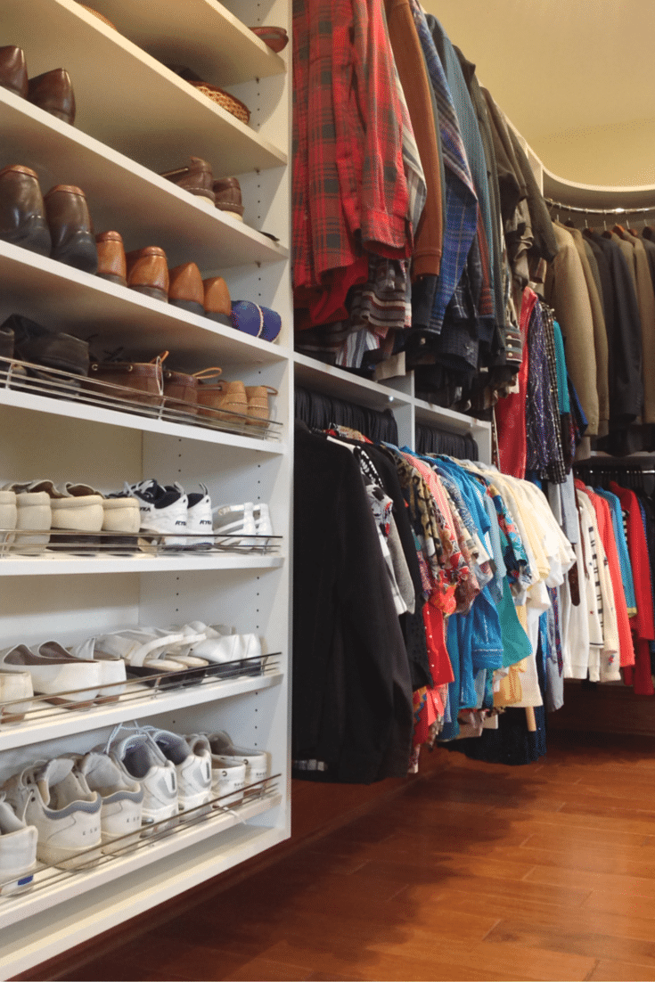 These shoe racks were placed at the entrance to this walk in closet in Gahanna Ohio with a wall hung system making it simple for wheelchair access