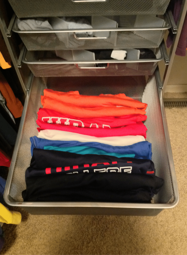 Kone Marie folding method in a pull out drawer for more storage than hanging 